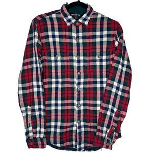 Mens J. Crew Mercantile Flex Red Blue Plaid Flannel Long Sleeve Shirt Size Small